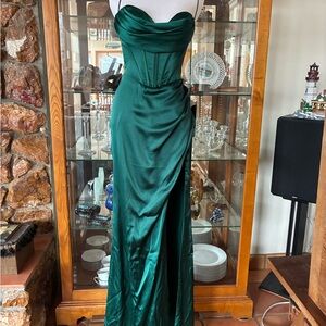 Cinderella Emerald Green Satin Strapless Corset Gown. Size 8
